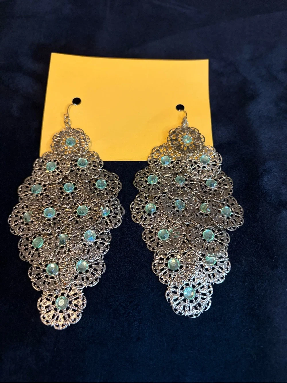 Gold Filigree Teardrop Earrings with Aqua Stones - Women Jewelry
