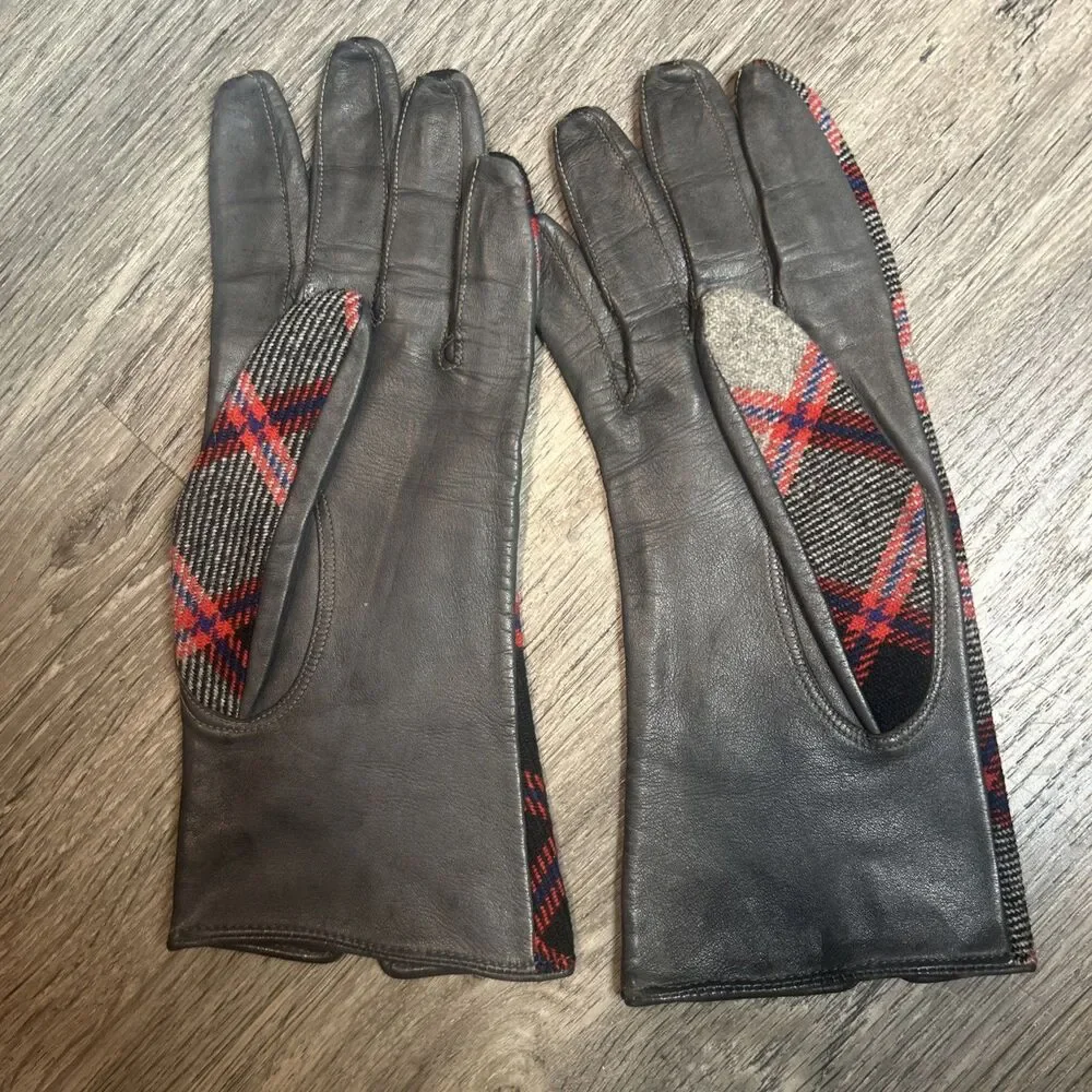 Vtg Stuart Glove 50s Tartan Plaid Leather Gloves Size 7 Made In Great Britain