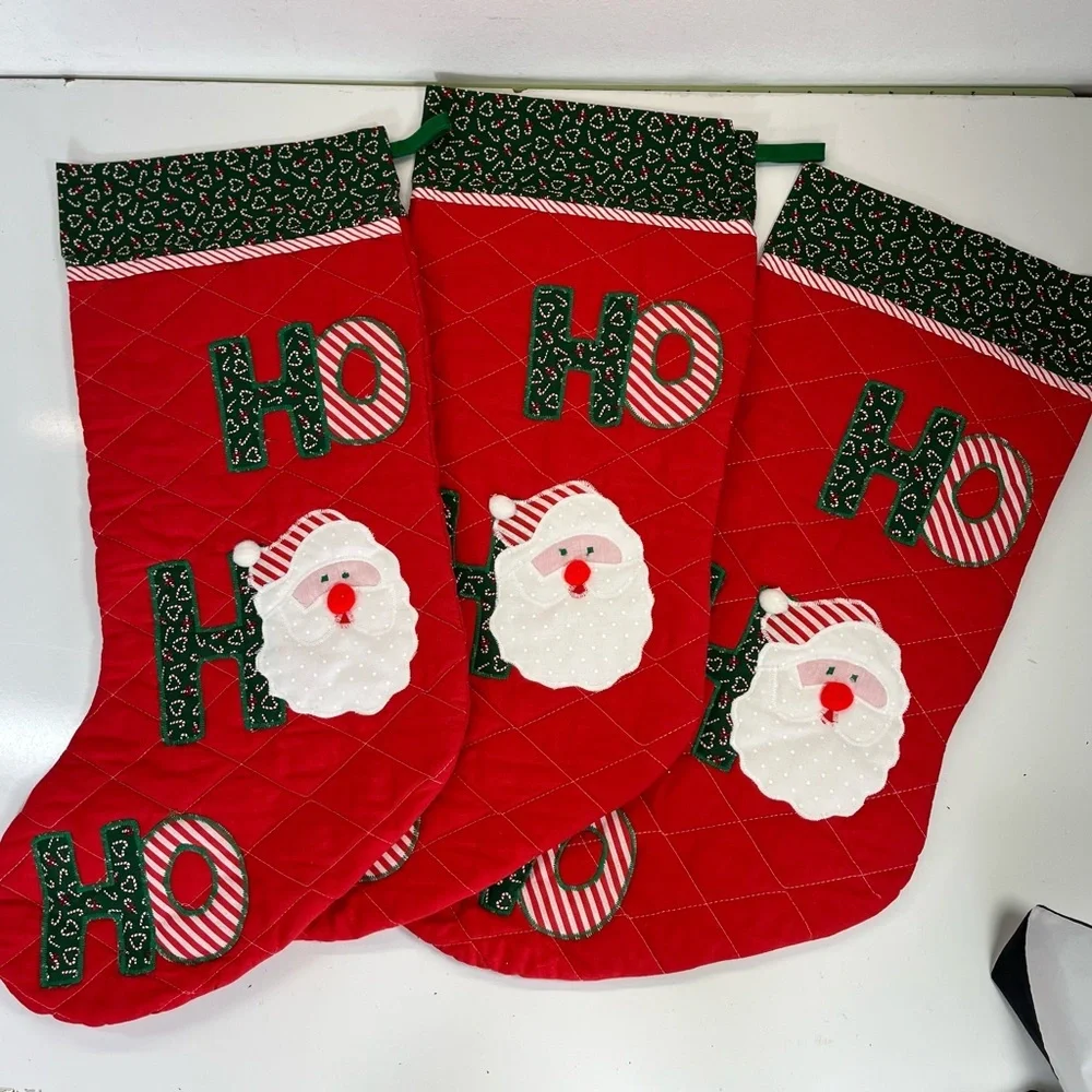 3 Large Ho Ho Ho Christmas Stocking Quilted Applique Santa Red Vintage‎ U.S.A