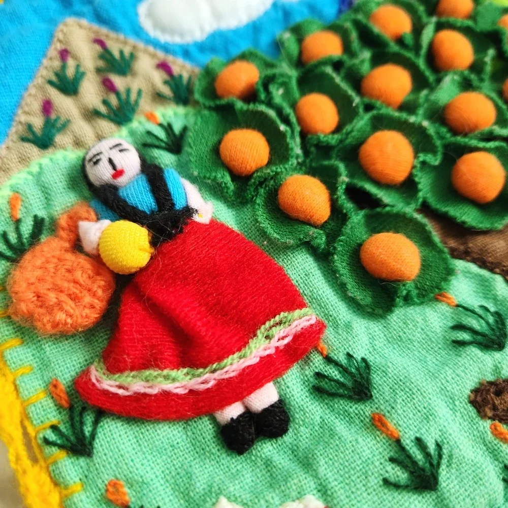 Peruvian Folk Art Tapestry Embroidered Orange Tree Wall Hanging Landscape‎