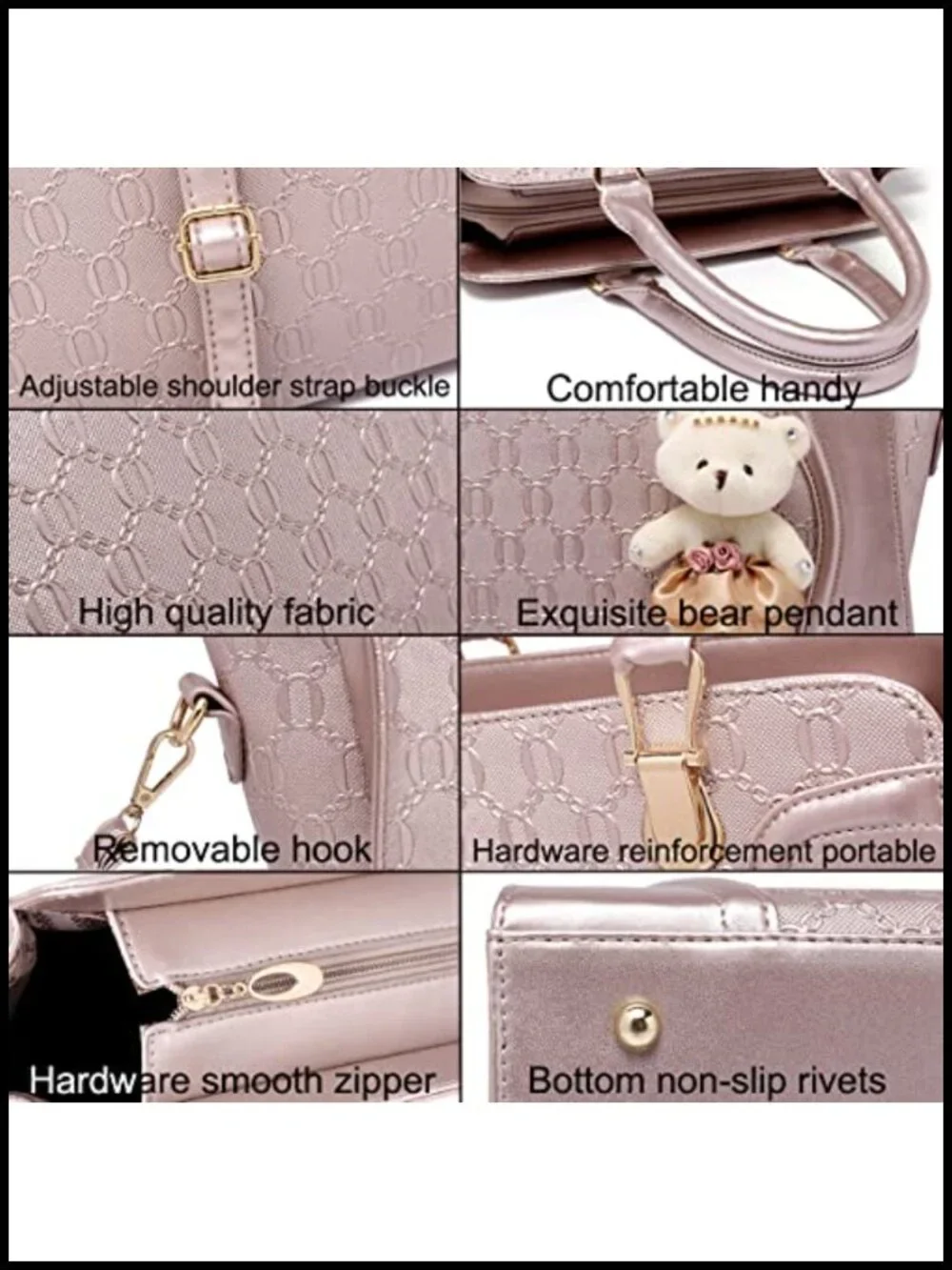 Faux Leather Top Handle Satchel Tote Bag Set 4 pcs Chain Texture