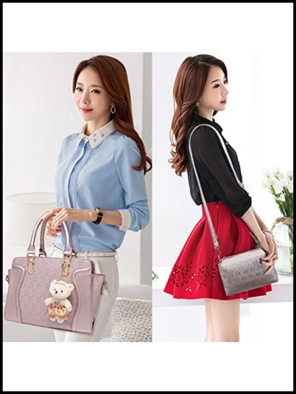 Faux Leather Top Handle Satchel Tote Bag Set 4 pcs Chain Texture