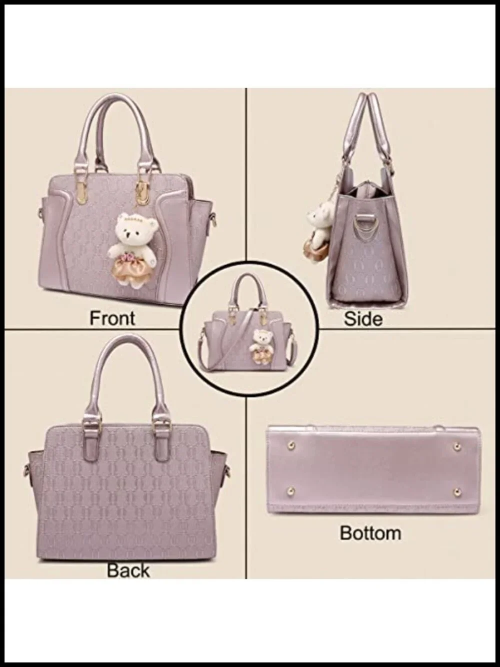 Faux Leather Top Handle Satchel Tote Bag Set 4 pcs Chain Texture