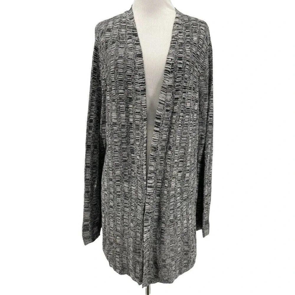 Eileen Fisher Black White Silk Linen Open Front Cardigan Sweater Size Medium
