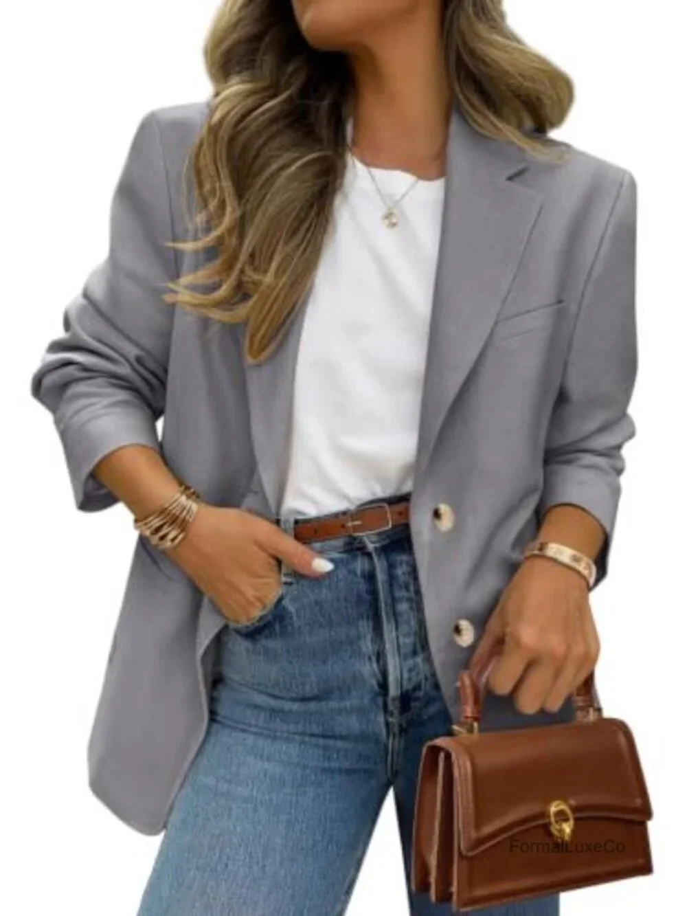 Long Sleeve Lapel Open Front Suit Jacket Work Blazer with Pockets