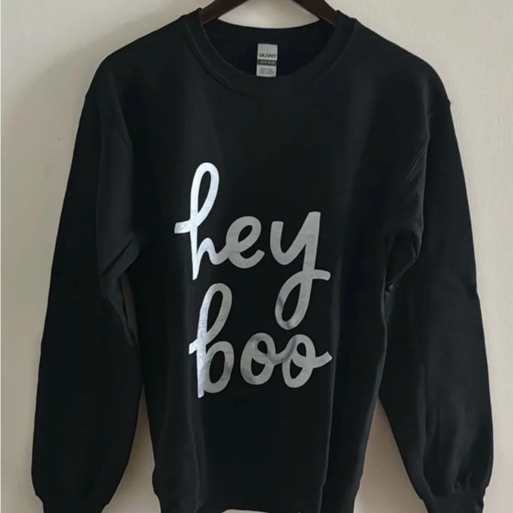 Black Sweatshirt with Silver 'Hey Boo' Print