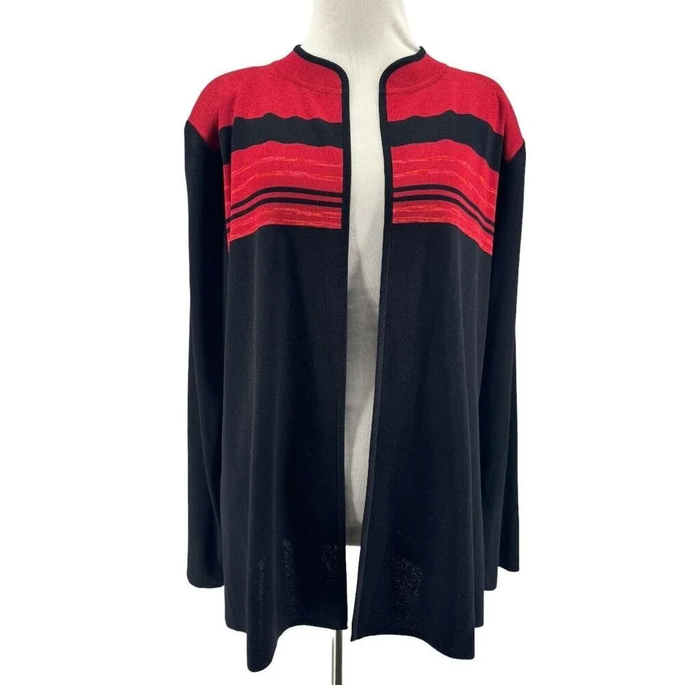 Exclusively Misook Women's Black Red Long Sleeve Open Front Knit Cardigan Large