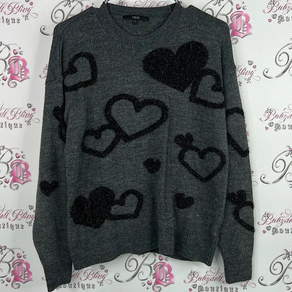 Next sweater pull over 3d hearts Charcoal Sweater with Black Heart Design