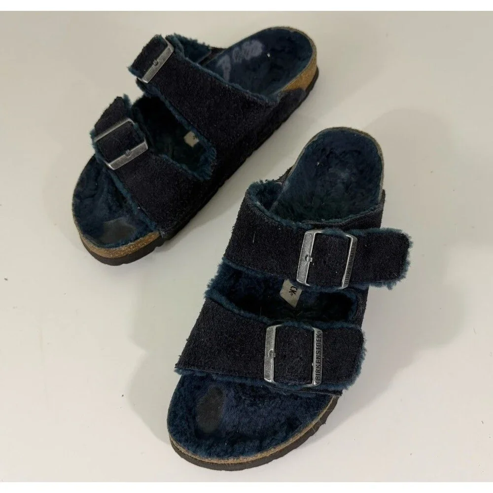 Birkenstock US 8-8.5 EU 39 Arizona Shearling Fur Lined Sandals Navy Blue Narrow