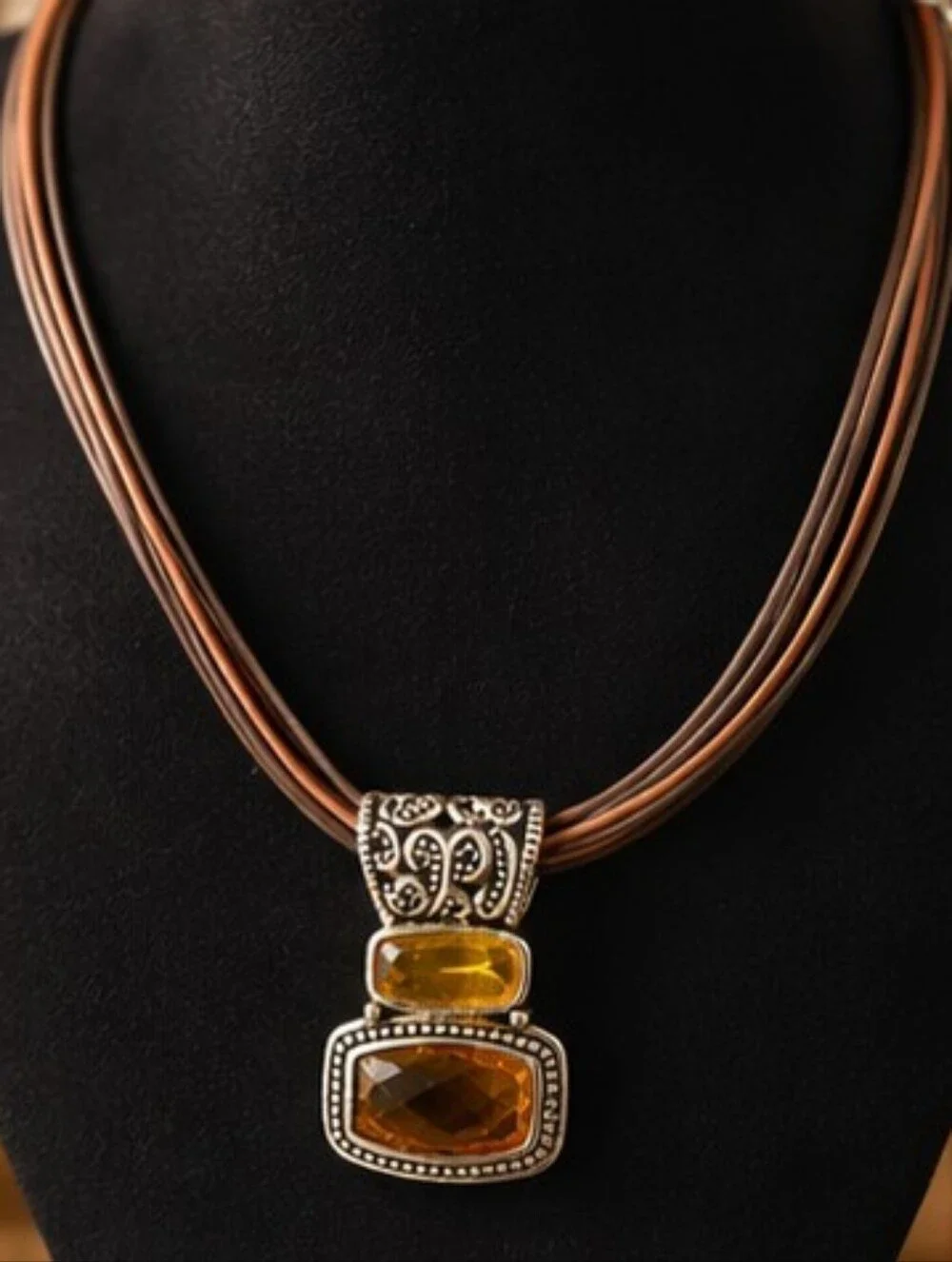 Vintage Cookie Lee Multi Strand Faux Leather Necklace Amber Glass Pendant Boho