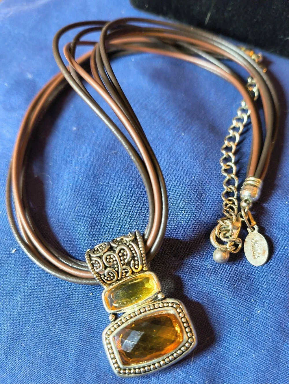 Vintage Cookie Lee Multi Strand Faux Leather Necklace Amber Glass Pendant Boho