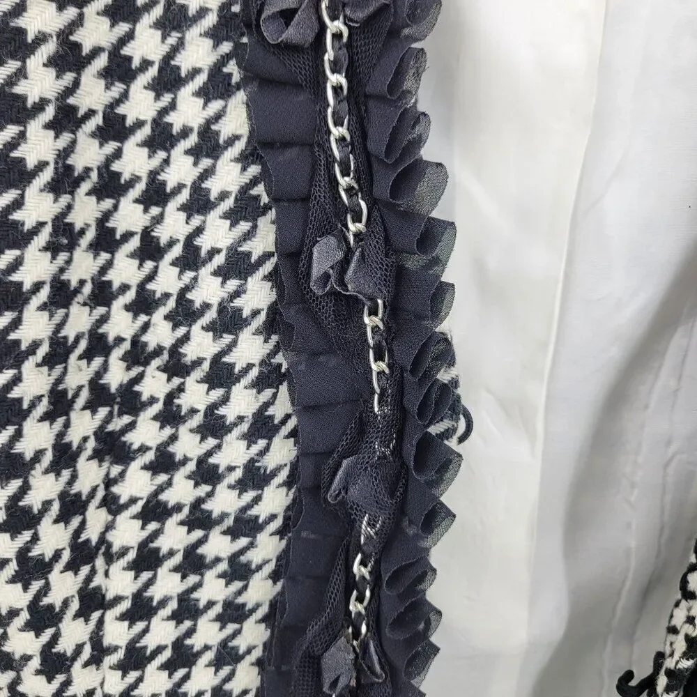 WHBM  Womens Wool Blend Houndstooth Blazer Sz‎ 2 Ruffle Chain Fringe Trim Black