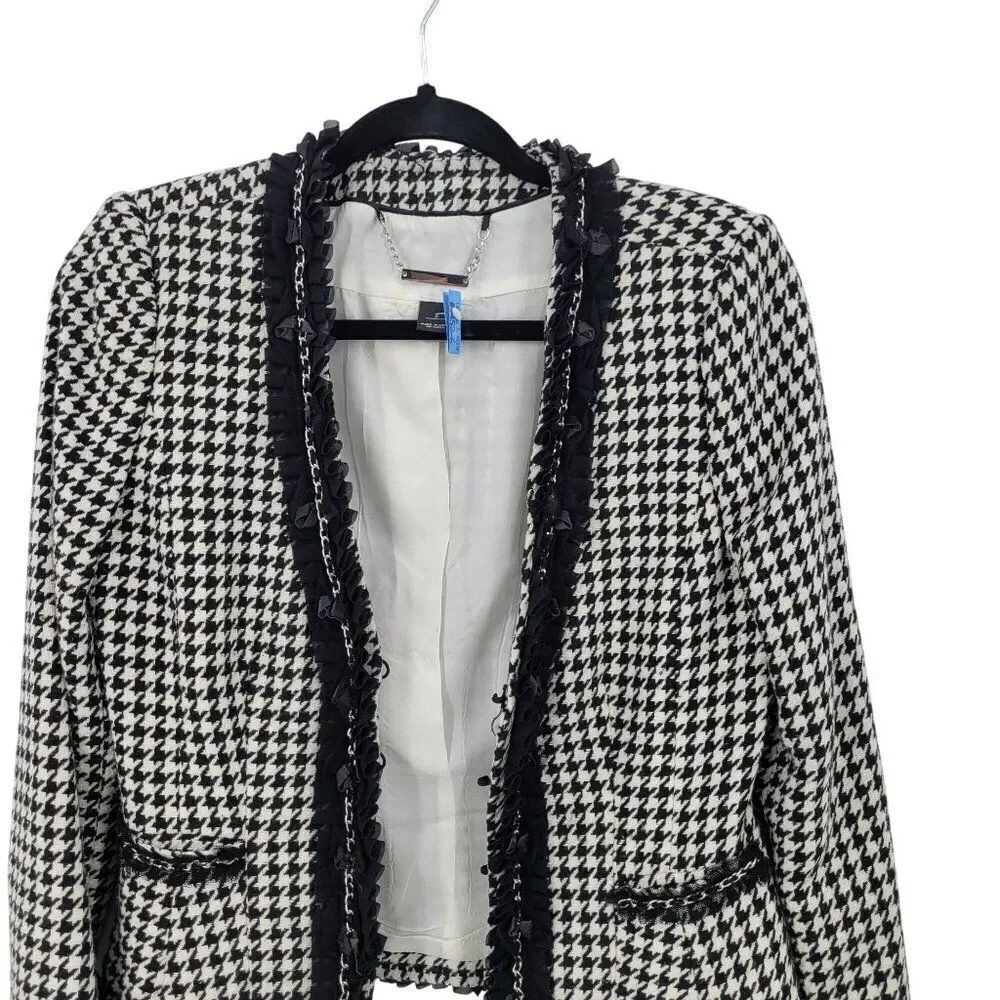 WHBM  Womens Wool Blend Houndstooth Blazer Sz‎ 2 Ruffle Chain Fringe Trim Black