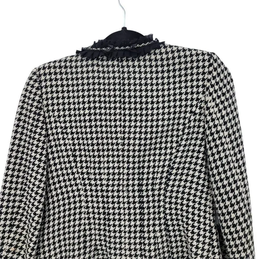 WHBM  Womens Wool Blend Houndstooth Blazer Sz‎ 2 Ruffle Chain Fringe Trim Black