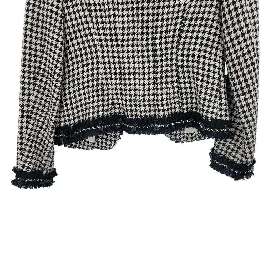 WHBM  Womens Wool Blend Houndstooth Blazer Sz‎ 2 Ruffle Chain Fringe Trim Black