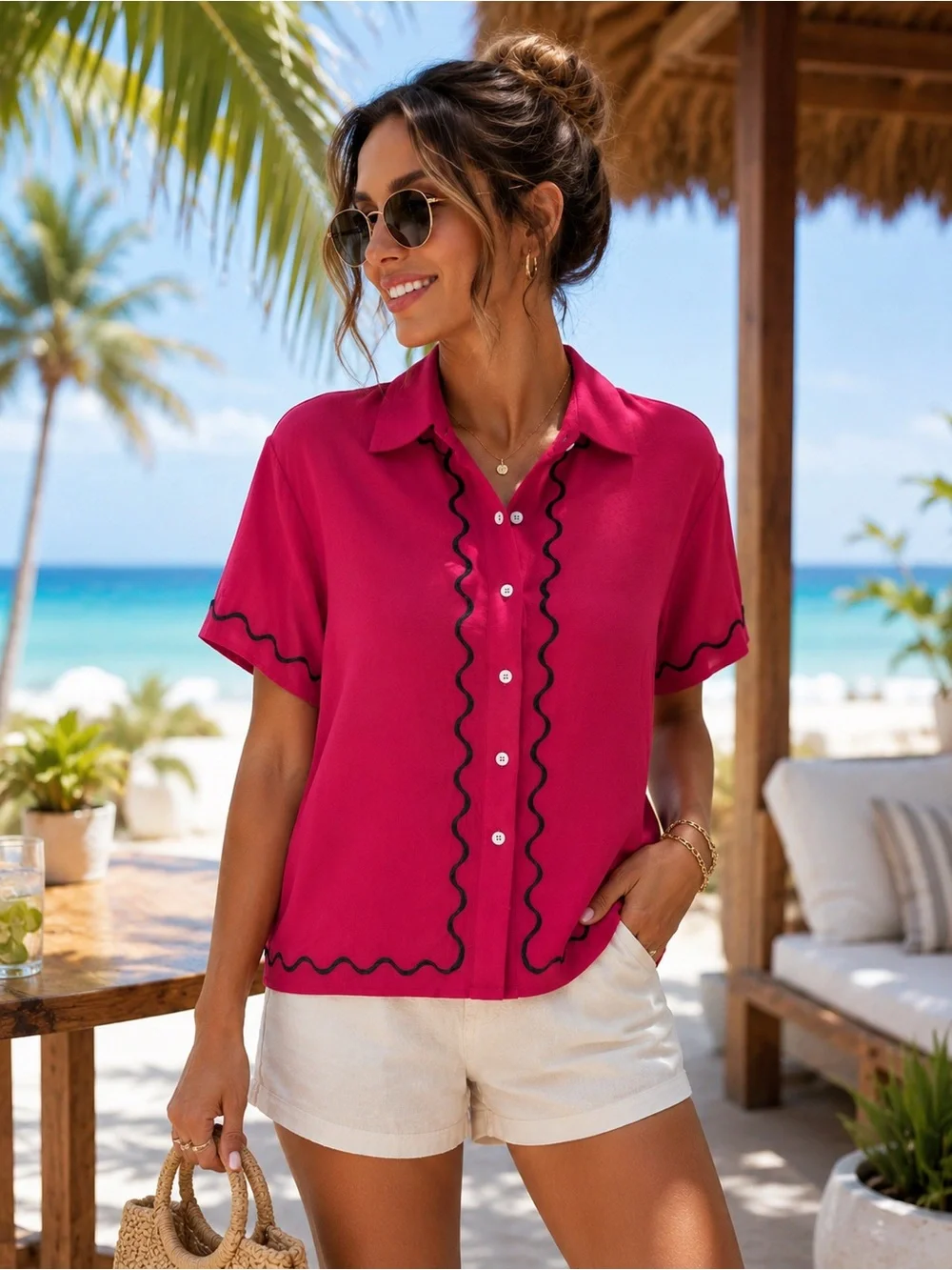 PrettyGarden Women’s Pink Button-Up Blouse Wavy Trim Short Sleeve Size M