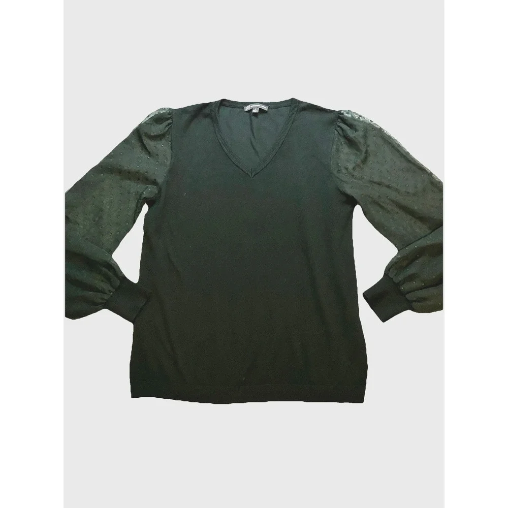 Adrianna Papell Sweater Women's Medium Christmas Party Green V-Neck Sheer Sleeve