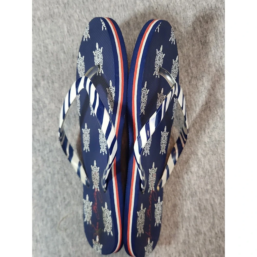Vera Bradley Flip Flops Women Size 5-6 Navy Blue Sea Turtle Striped Casual