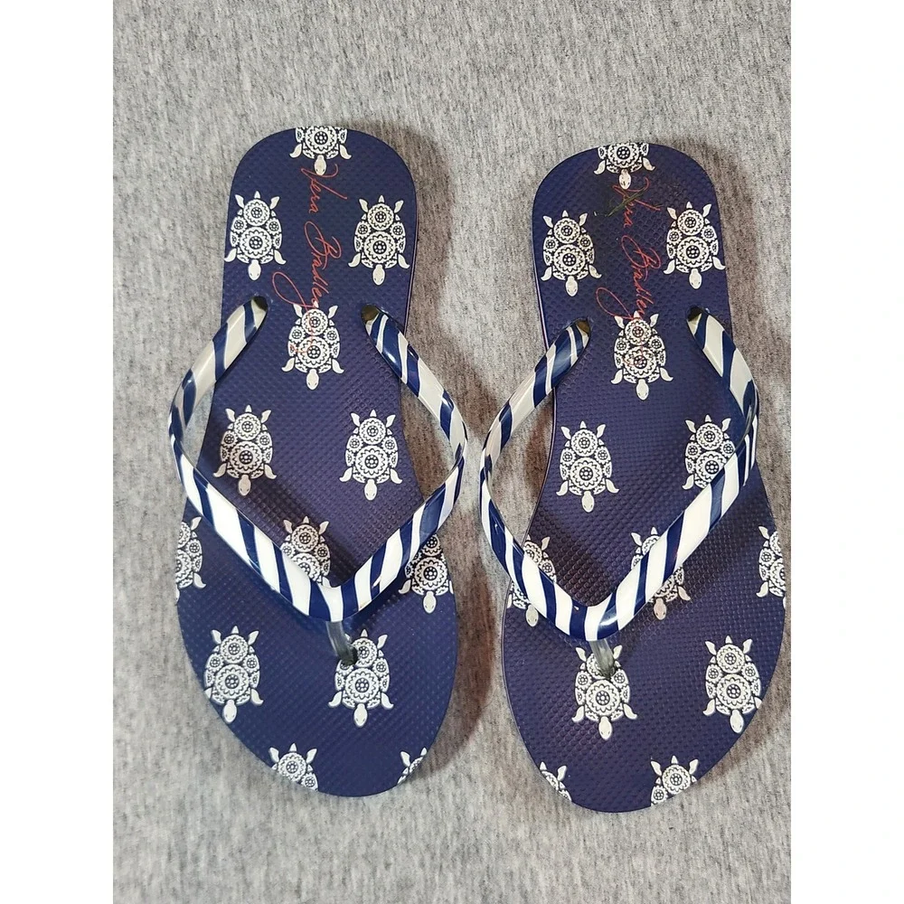 Vera Bradley Flip Flops Women Size 5-6 Navy Blue Sea Turtle Striped Casual