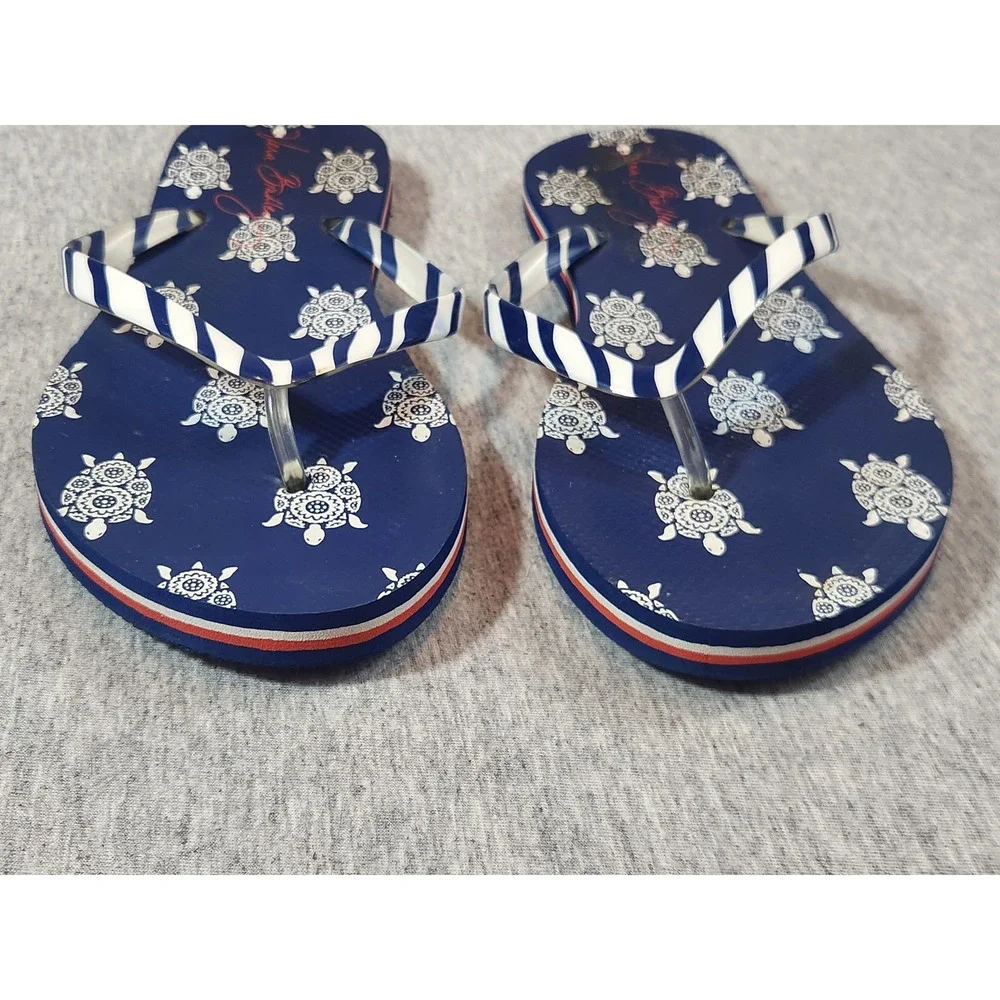 Vera Bradley Flip Flops Women Size 5-6 Navy Blue Sea Turtle Striped Casual