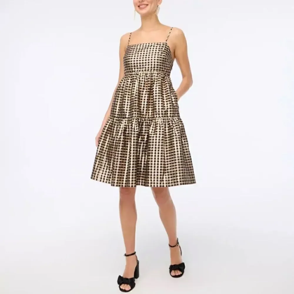 J Crew Lurex Metallic Gingham Tiered Mini Dress