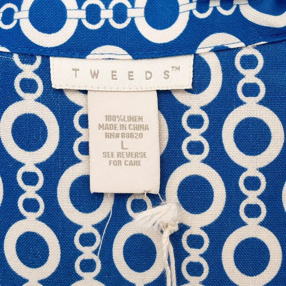 Tweeds 100% Linen Blue White Chain Link Pattern Print Size L Nautrical Resort