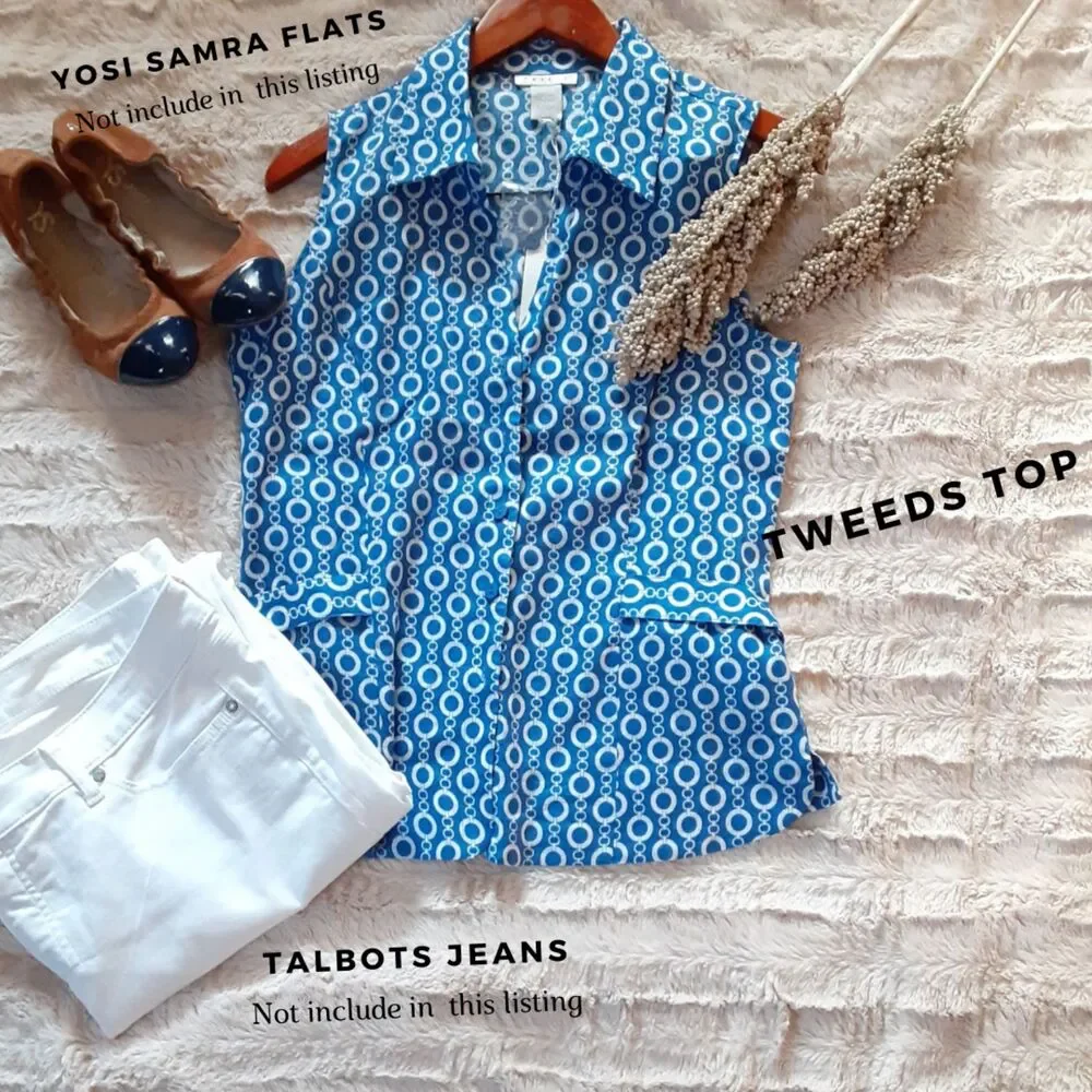 Tweeds 100% Linen Blue White Chain Link Pattern Print Size L Nautrical Resort