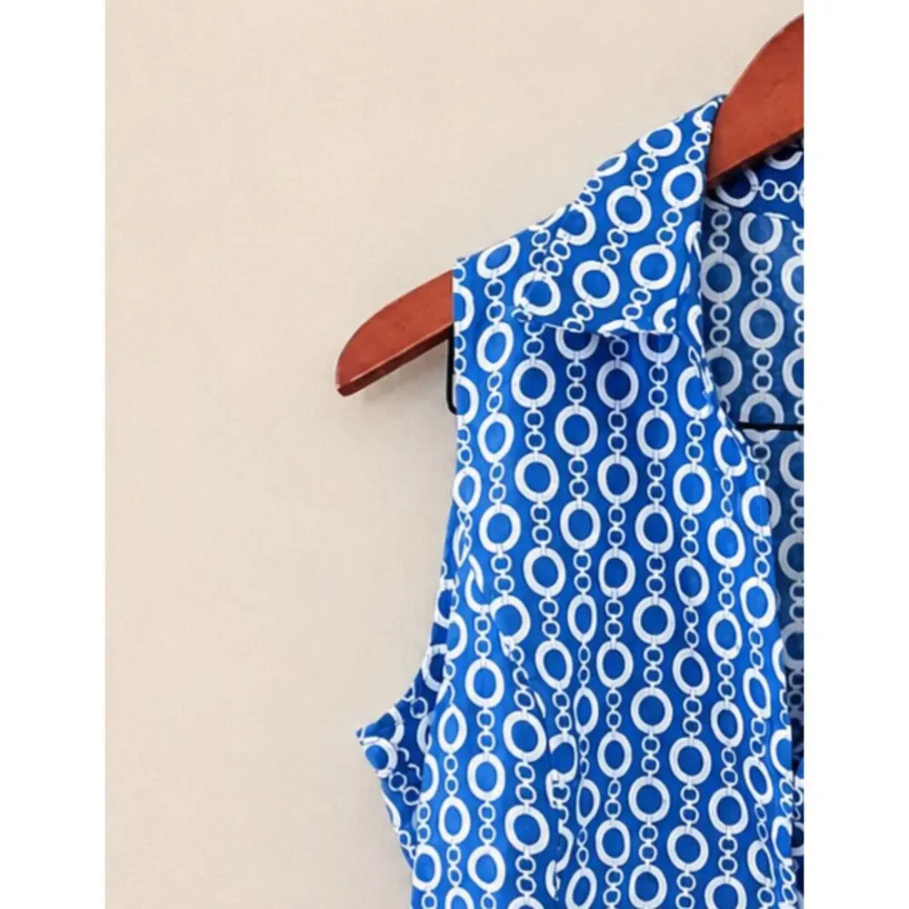 Tweeds 100% Linen Blue White Chain Link Pattern Print Size L Nautrical Resort