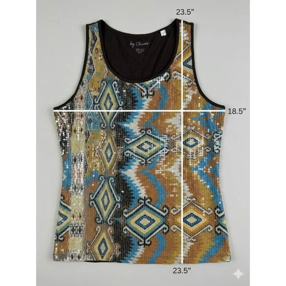 Chico's‎ Brown Geometric Sequin Sleeveless Tank Top
