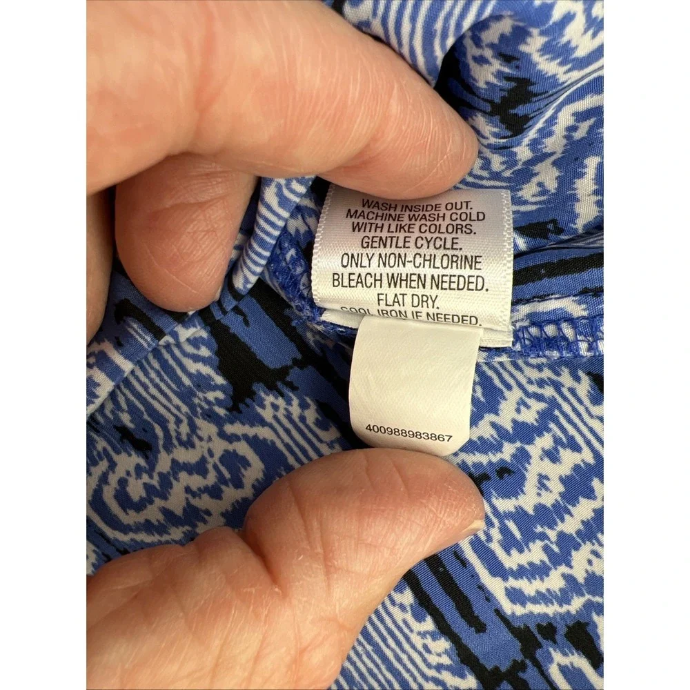 Dana Buchman XL Peasant Blouse Blue White Ikat Medallion Smocked Split Neck Top