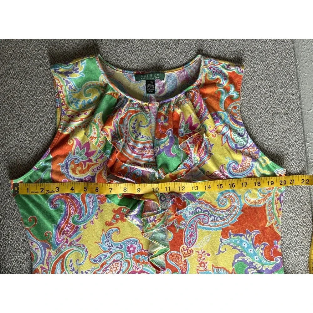 Lauren Ralph Lauren XL Paisley Ruffle Sleeveless Blouse Colorful Cotton Top‎