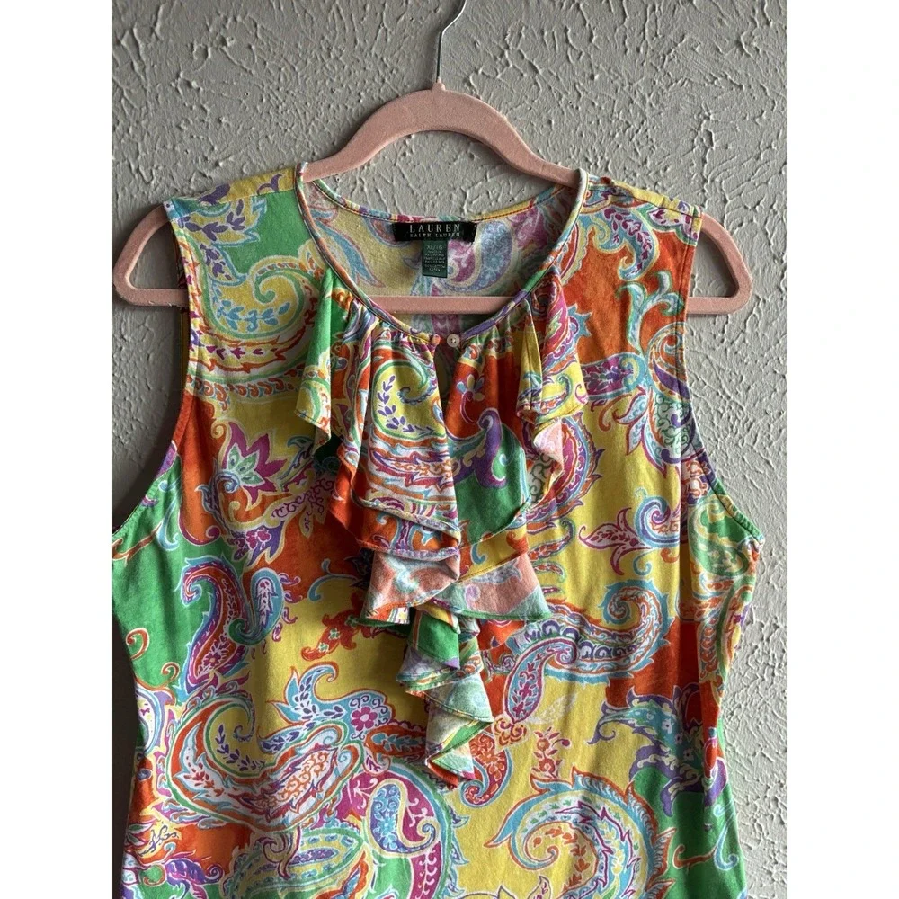 Lauren Ralph Lauren XL Paisley Ruffle Sleeveless Blouse Colorful Cotton Top‎