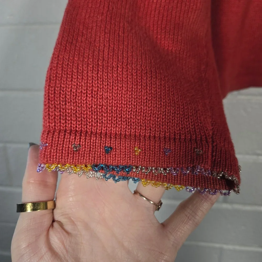 Vtg Full Zip Beaded Cardigan Sweater Oversize Small Y2K Unique Funky Rainbow‎