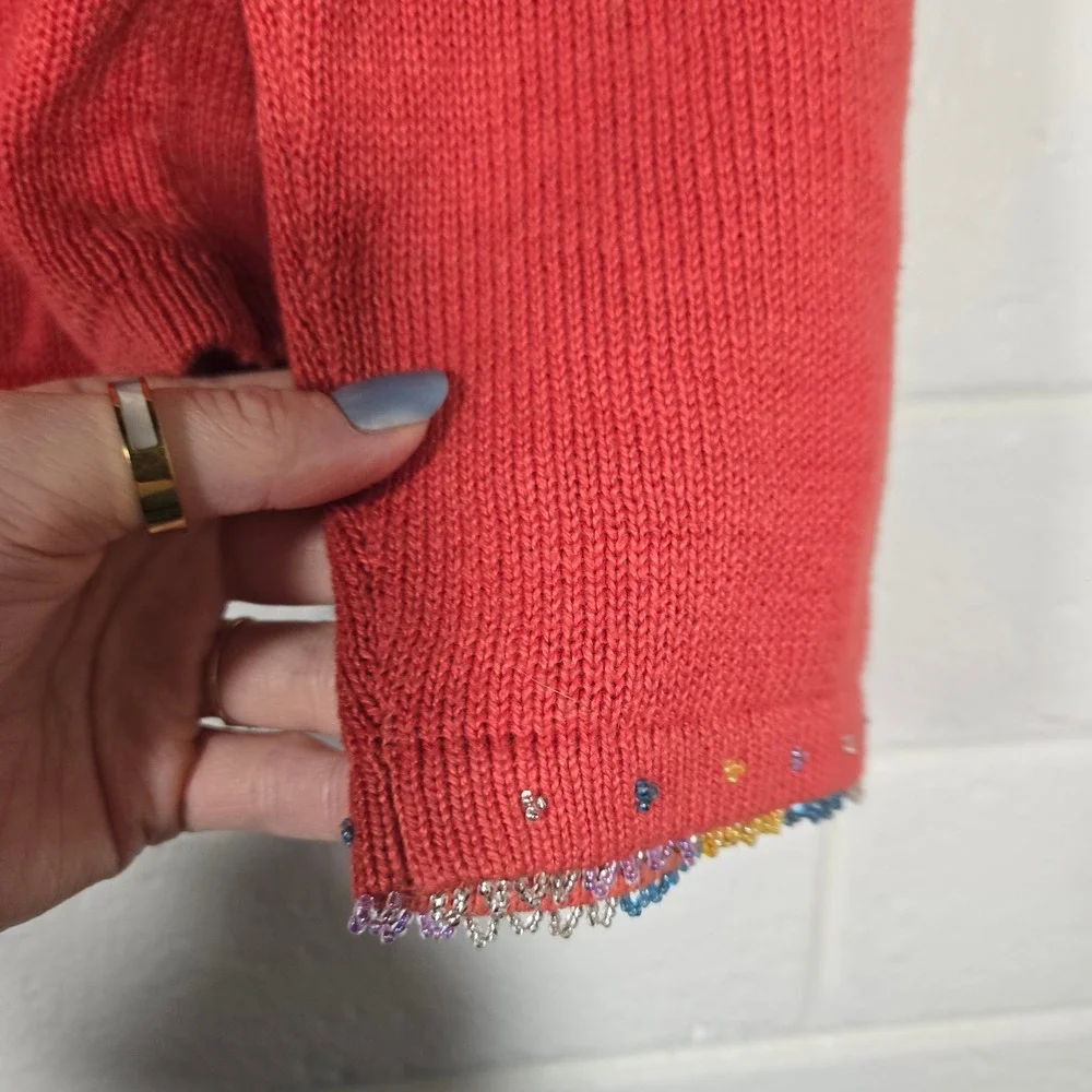 Vtg Full Zip Beaded Cardigan Sweater Oversize Small Y2K Unique Funky Rainbow‎