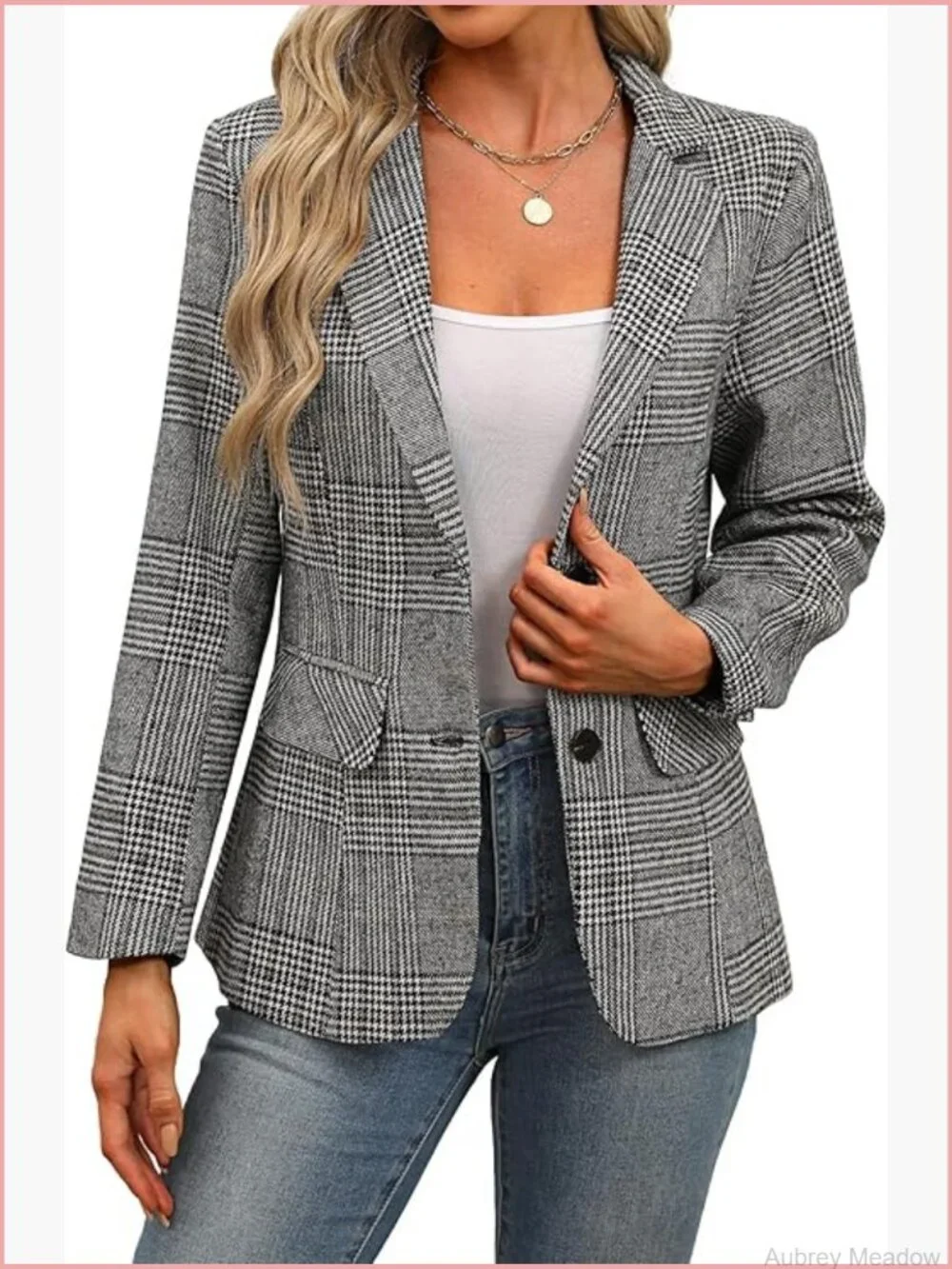Two Button Boyfriend Blazer Jacket Lapel Collar Houndstooth Plaid Work Office