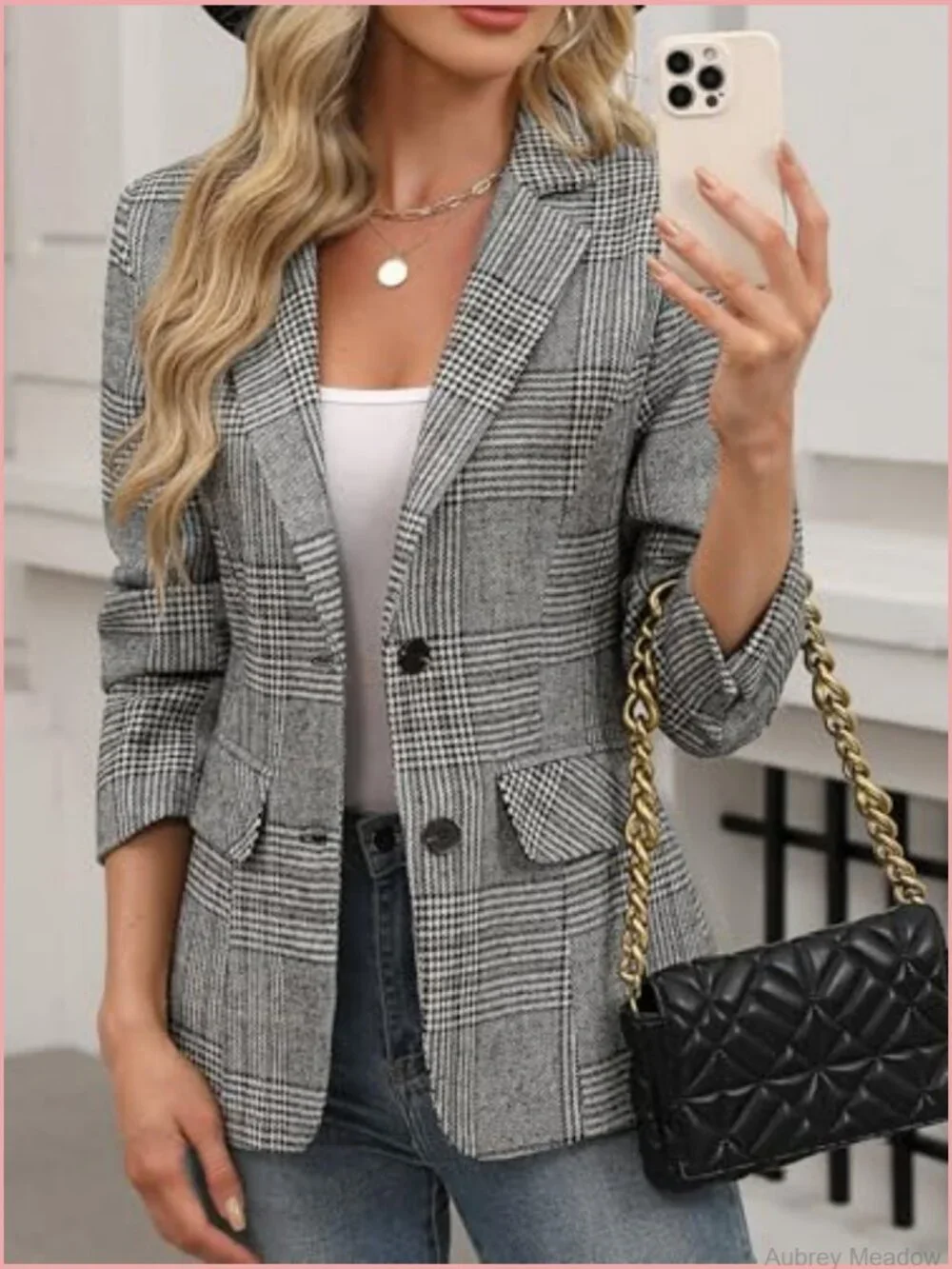 Two Button Boyfriend Blazer Jacket Lapel Collar Houndstooth Plaid Work Office