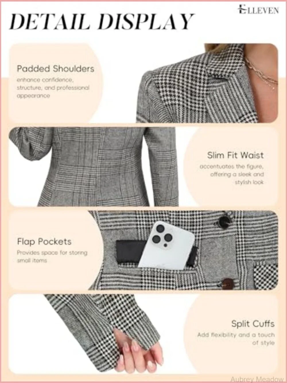 Two Button Boyfriend Blazer Jacket Lapel Collar Houndstooth Plaid Work Office