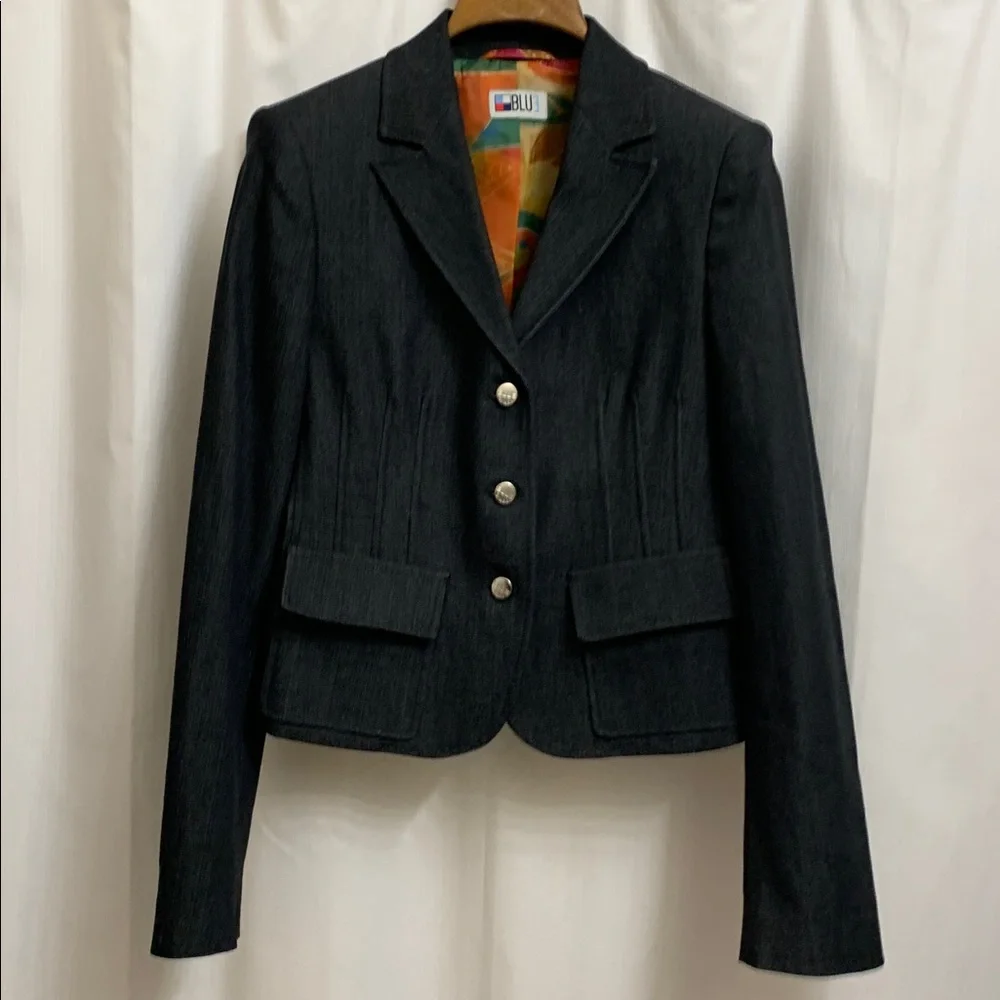 Vintage Black Denim Tailored Structured Blazer Jacket with Colorful Lining