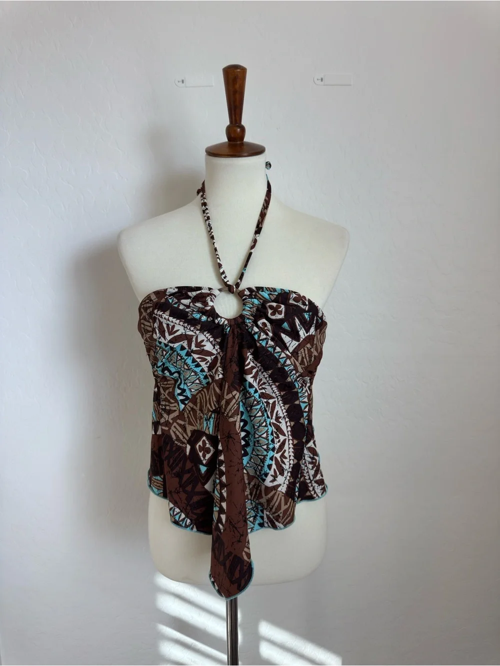 Y2K Venus Strapless Halter swimsuit Top with Ring Detail - Brown & Teal Print