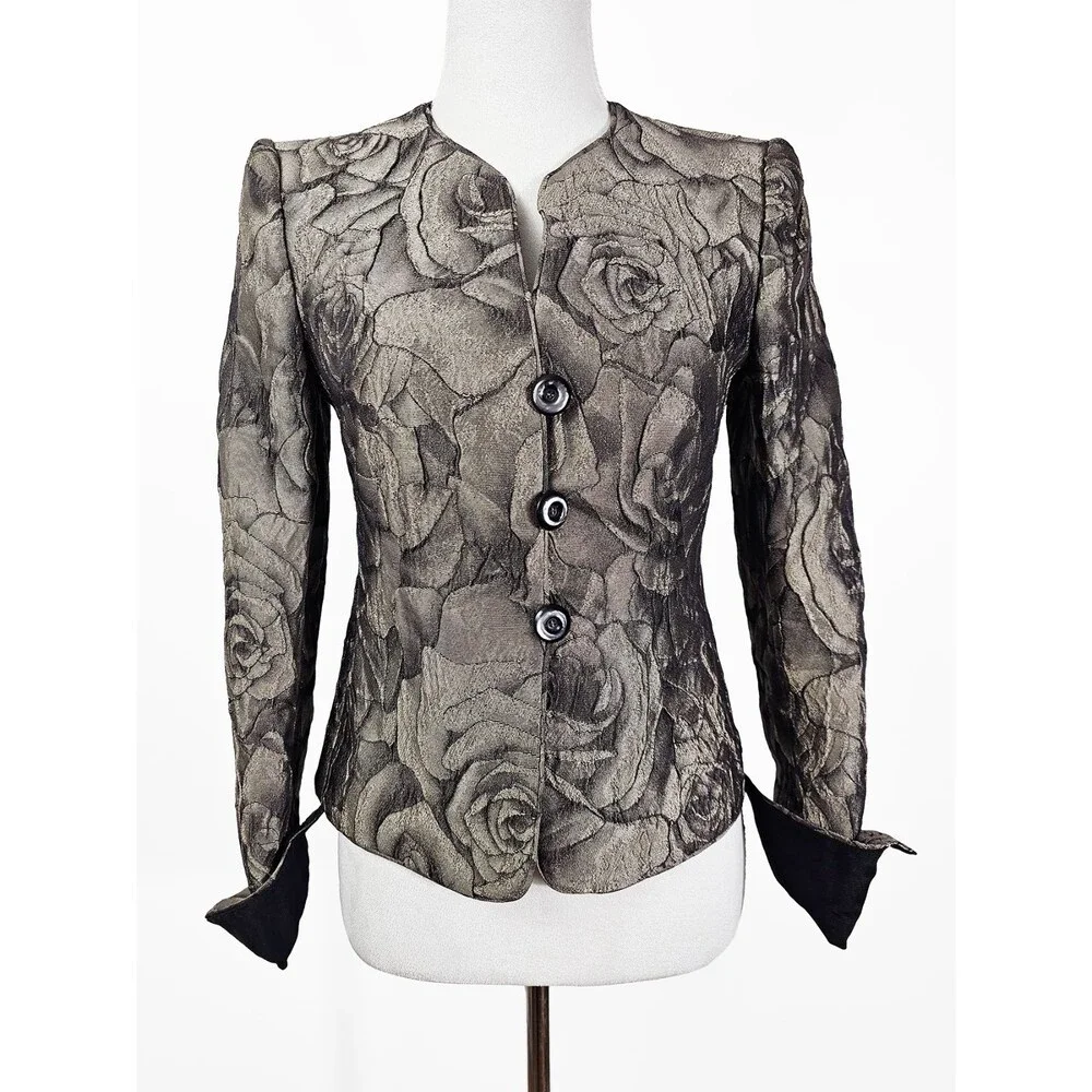Armani Collezioni Size 2 Metallic Gray Floral Jacquard Evening Work Blazer VTG