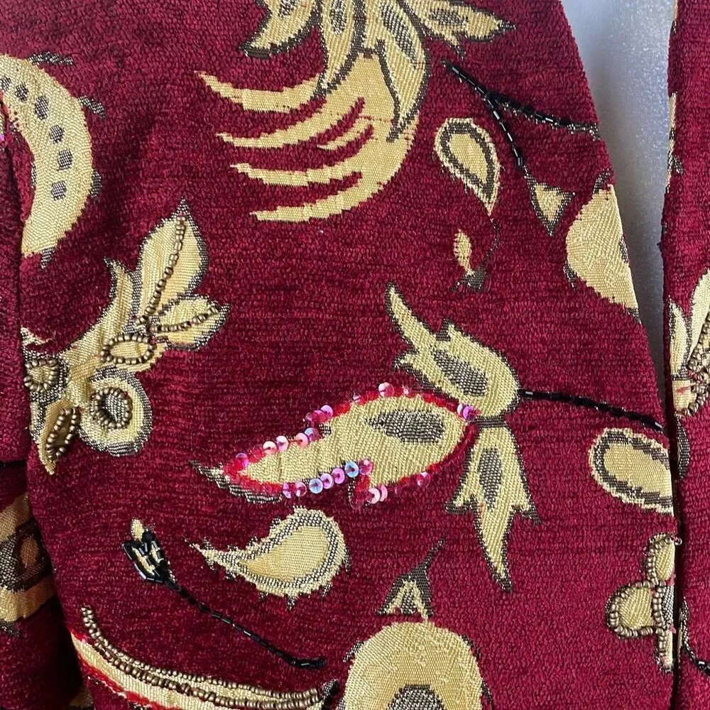 Bob Mackie Vintage Paisley Floral Tapestry Collarless Embellished Blazer