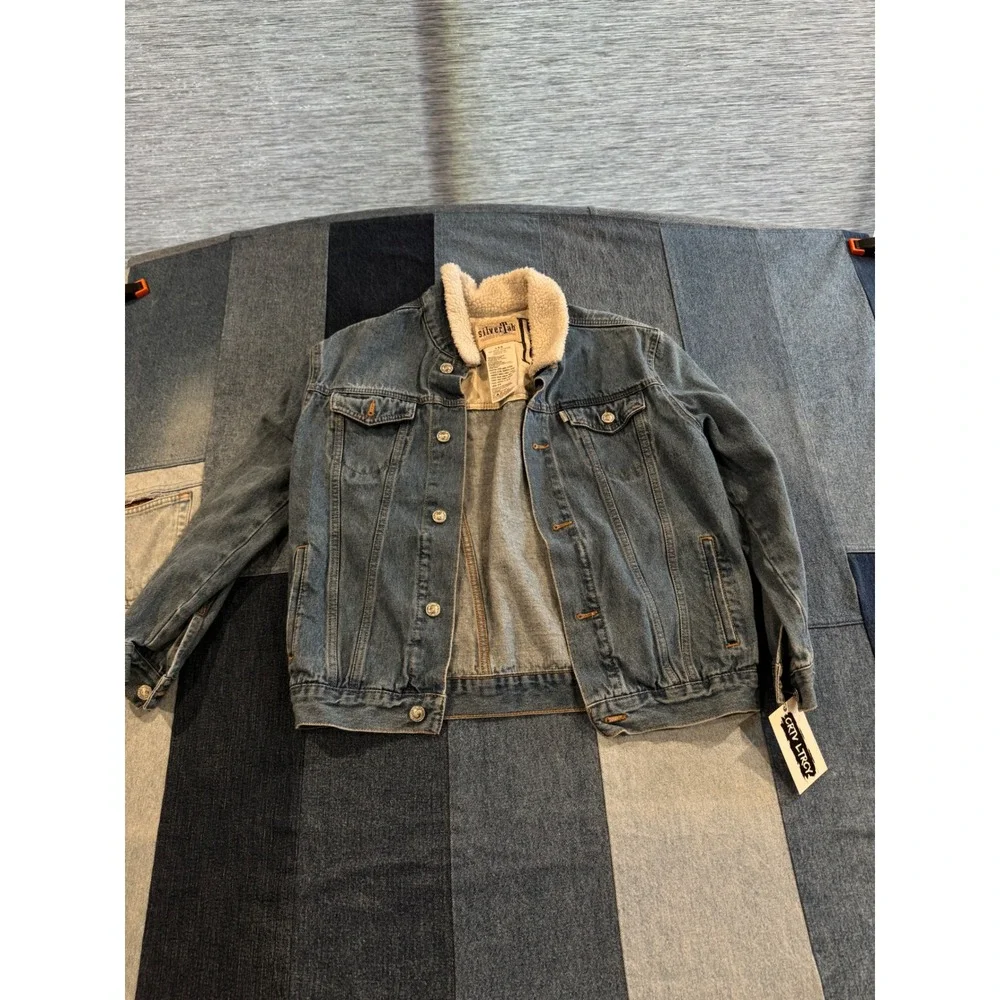 Levis‎ SilverTab Denim Trucker Jacket Sherpa Collar Blue Jean Medium Wash LG G