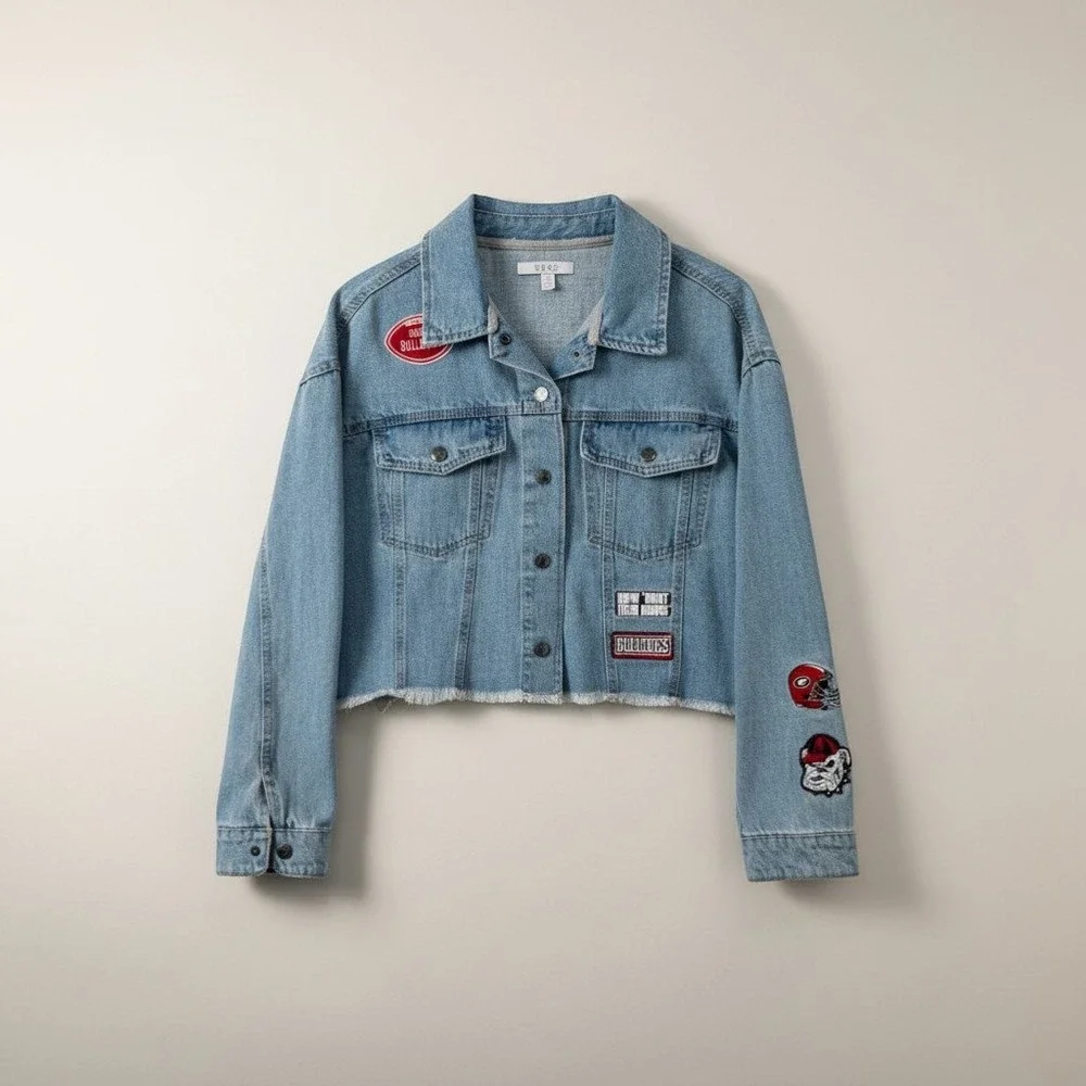Georgia Bulldogs Denim Jacket Wear by Erin Andrews‎ Blue Cropped Trucker L