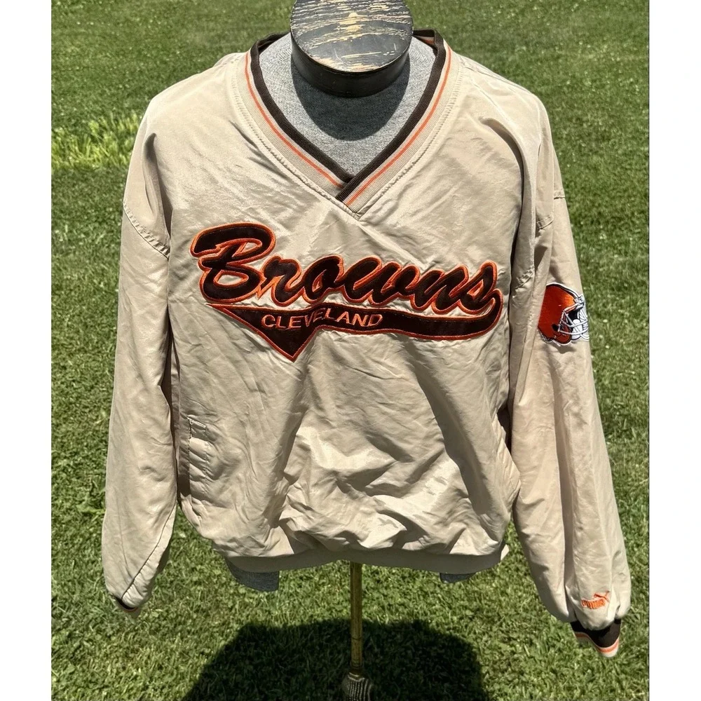 Vintage Cleveland Browns NFL Team XL Pullover Windbreaker Jacket Beige Y2K