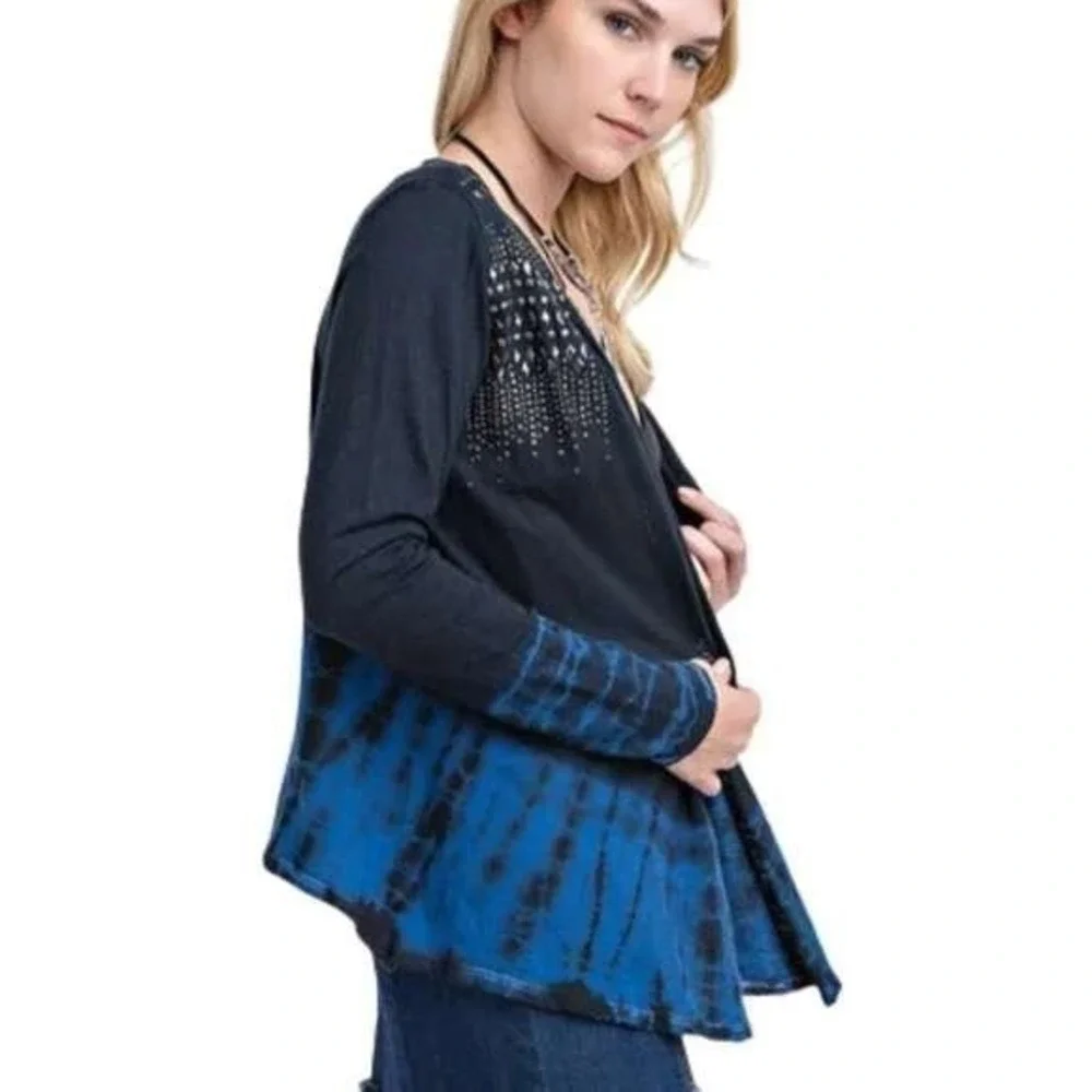 VOCAL Studded Tie‎ Dye Cardigan Open Front Navy Blue Long Sleeve Large NWT