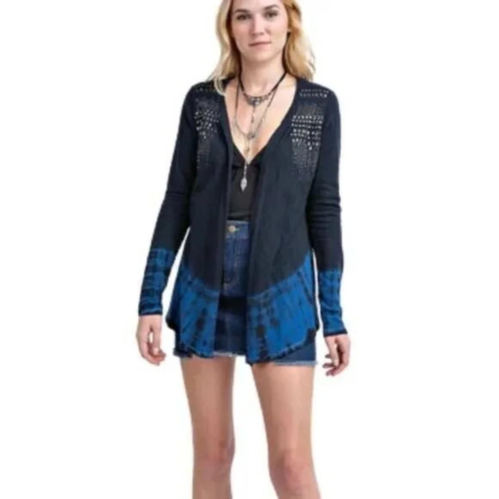 VOCAL Studded Tie‎ Dye Cardigan Open Front Navy Blue Long Sleeve Large NWT