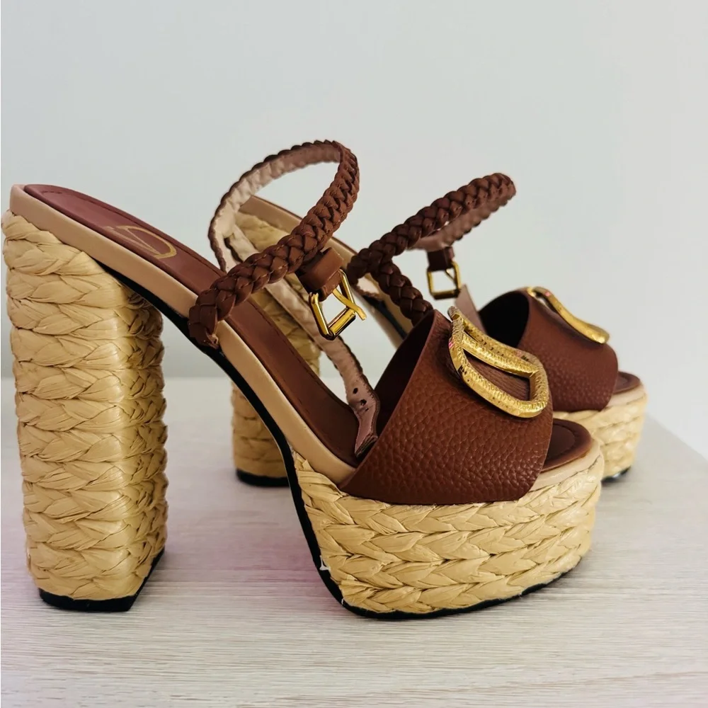 Valencia Brown Leather Platform Sandals with Gold Emblem