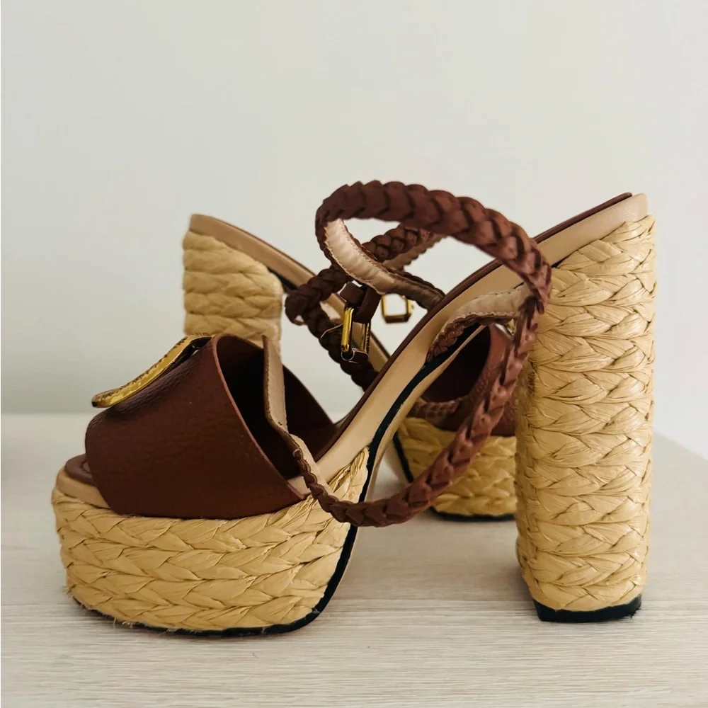 Valencia Brown Leather Platform Sandals with Gold Emblem