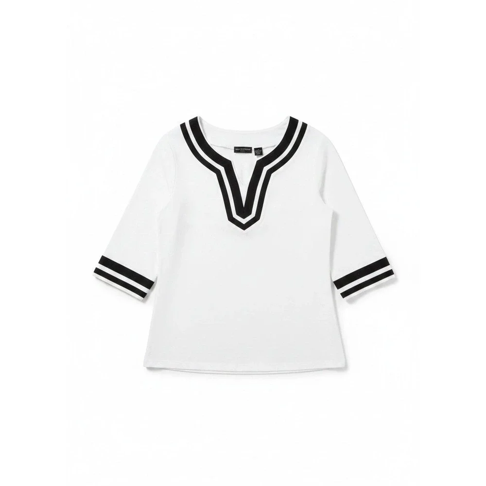 Bay Studio Plus‎ White Black Striped V-Neck, 3/4 Sleeve Top, Women's 1X Tunic