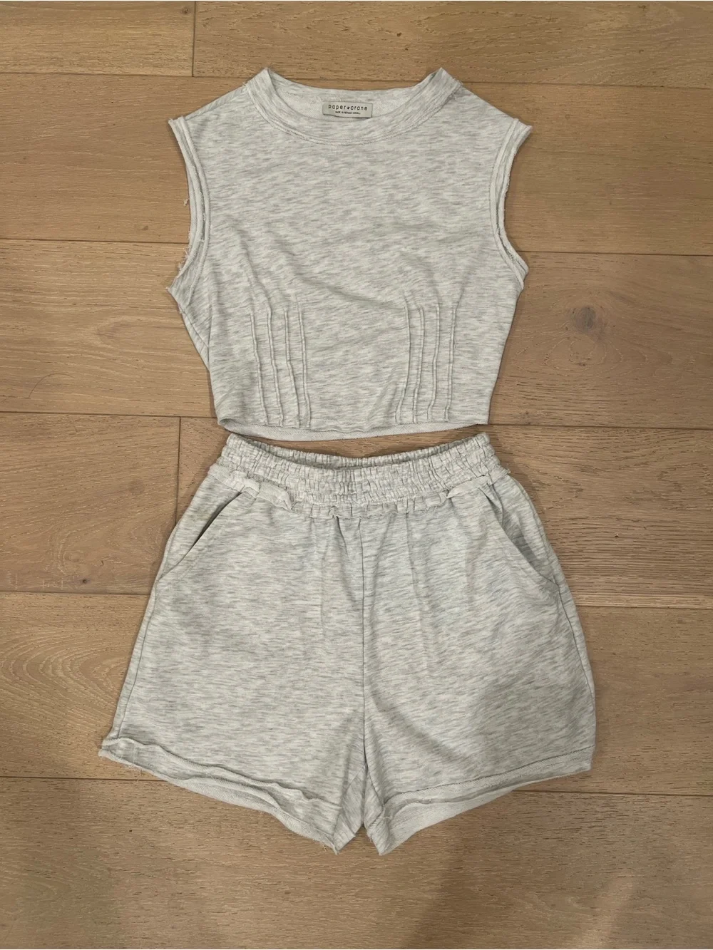 Paper Crane Light Gray Ribbed Crop Tank & Elastic Waist Shorts